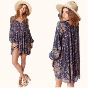 Free People Lucky Loosey Swing Dress Mini Blue Boho Floral Long Sleeve Sz S